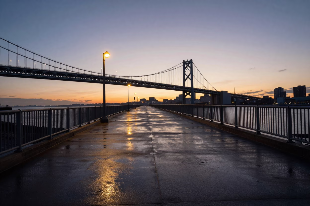 Dawn Light on Boston Harbor Suspension Bridge Deck After Storm in in Boston, Massachusetts, United States