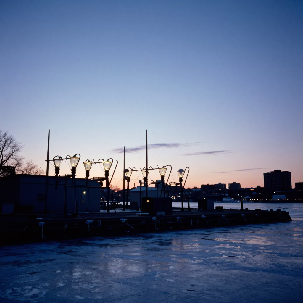 Dawn Light on Boston Harbor Terns and Substation Infrastructure in Massachusetts in in Boston, Massachusetts, United States