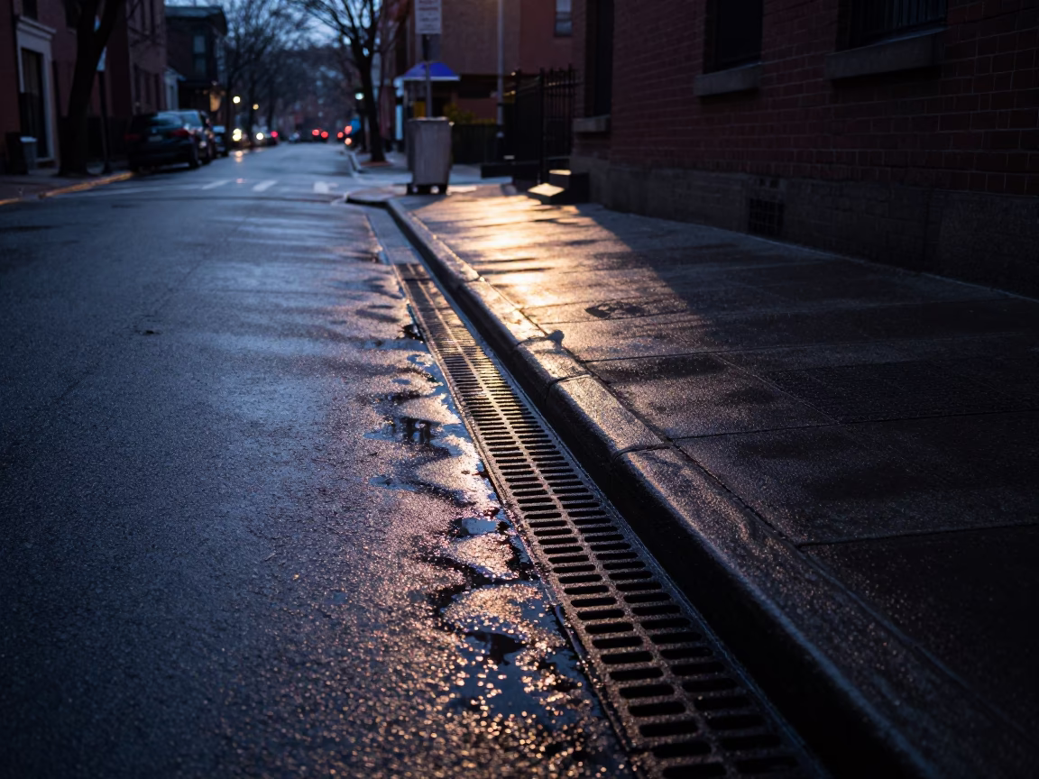 Dawn Light on Boston Street with Condensation on Fabric and Grease Sheen in in Boston, Massachusetts, United States