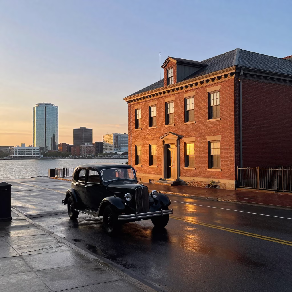 Dawn light on Boston waterfront street with vintage car and urban architecture in in Boston, Massachusetts, United States