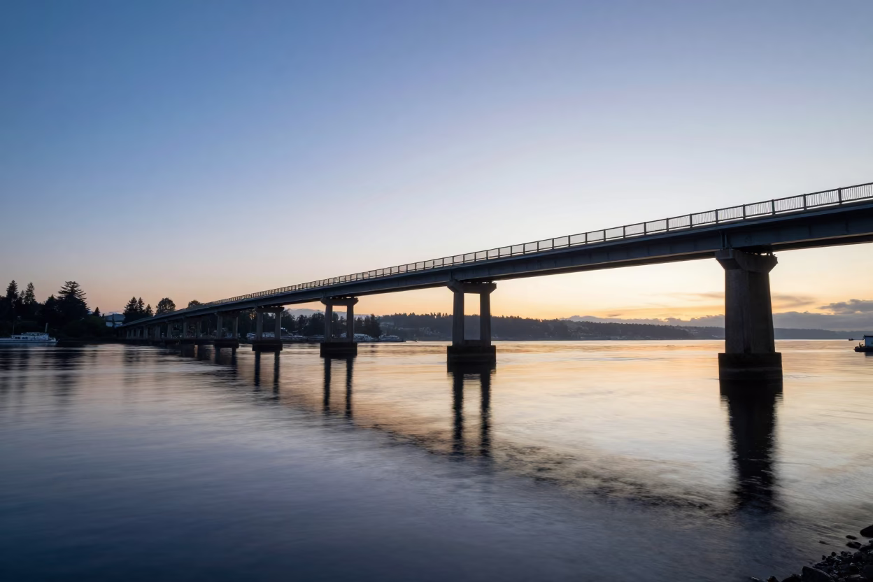 Dawn Light on Bridge Pier in Portland Oregon Harbor Water in in Portland, Oregon, United States