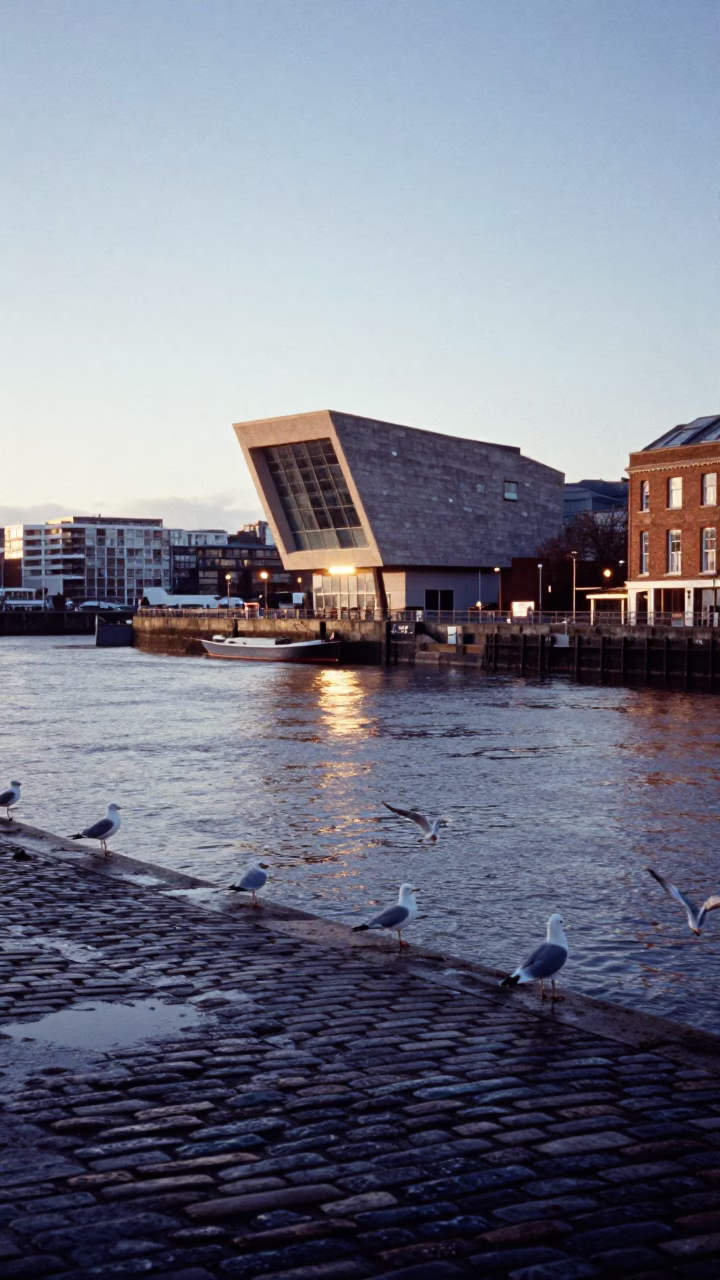 Dawn Light on Bristol Harbor Quay with Seagulls and Wicker Hamper in in Bristol, United Kingdom