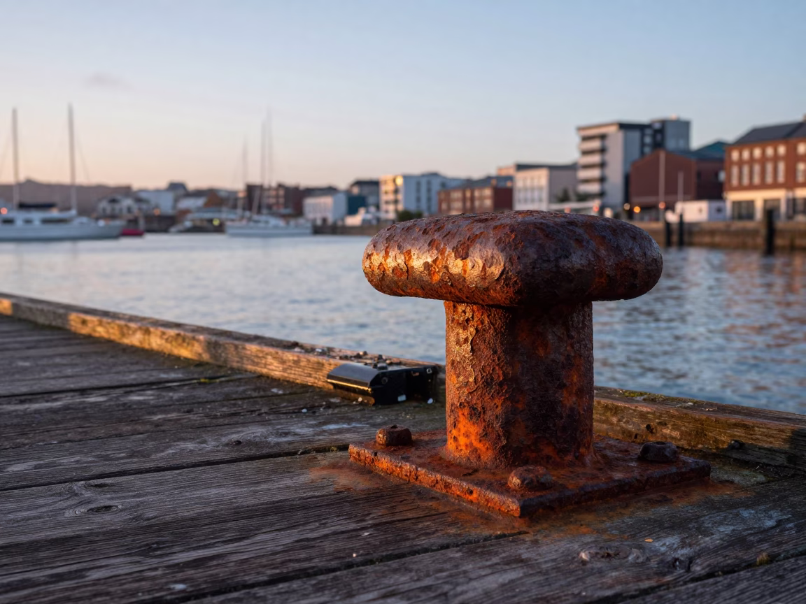 Dawn Light on Bristol Harbour Wharf with Rusty Metal and Sea Spray in in Bristol, United Kingdom