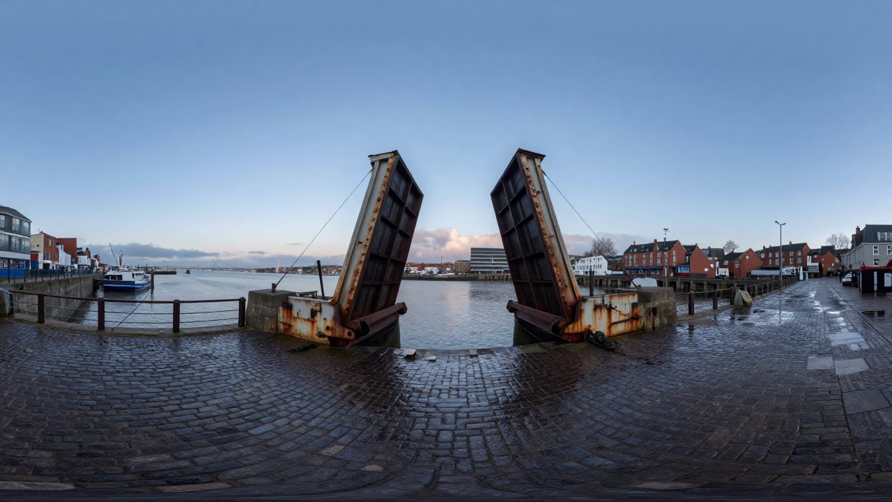 Dawn light on Bristol harbour with rusted drawbridge and calm water reflections in in Bristol, United Kingdom