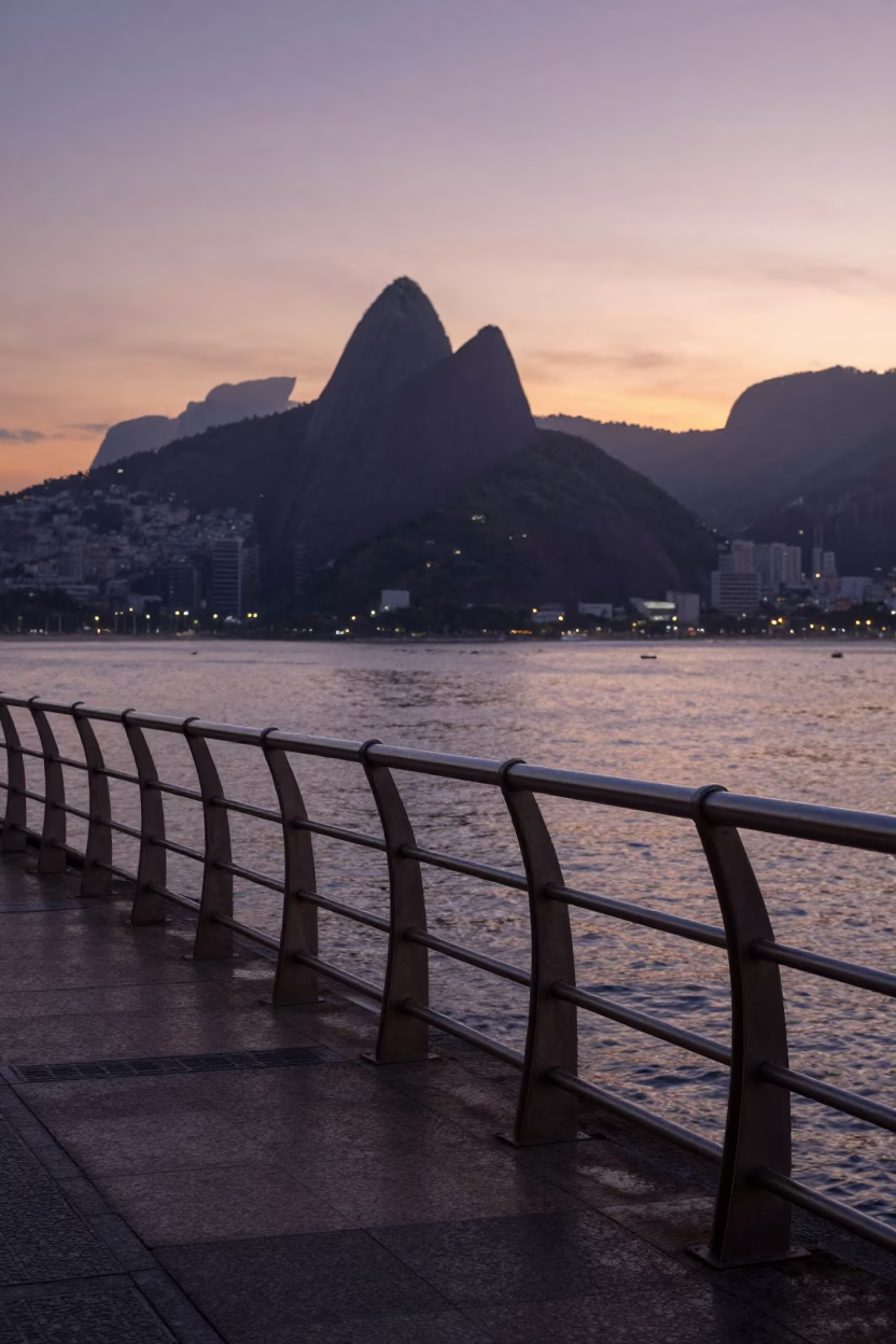 Dawn Light on Brushed Steel Railings of Rio de Janeiro Coastal Promenade in in Rio de Janeiro, Brazil