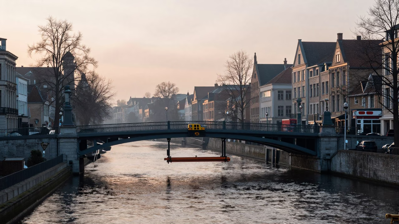 Dawn Light on Brussels Canal with Bridge Maintenance Cradle and River Ripples in in Brussels, Belgium