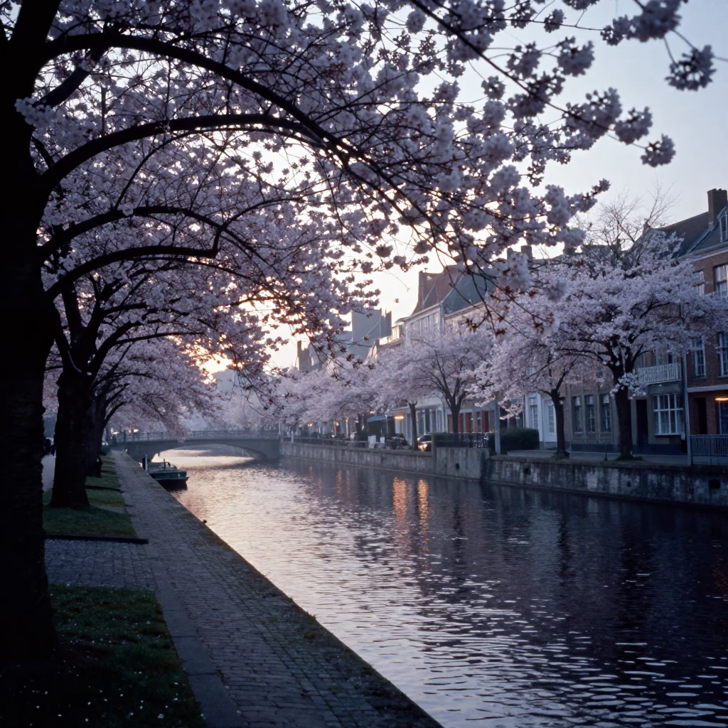Dawn Light on Brussels Canal with Cherry Blossoms and Vintage Bicycle in in Brussels, Belgium