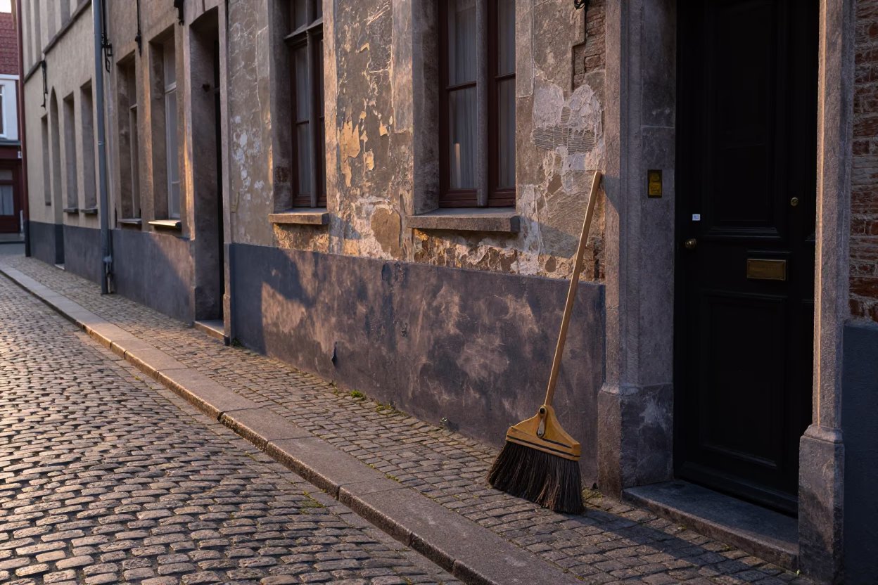 Dawn Light on Brussels Cobblestone Street with Broom and Oranges in in Brussels, Belgium