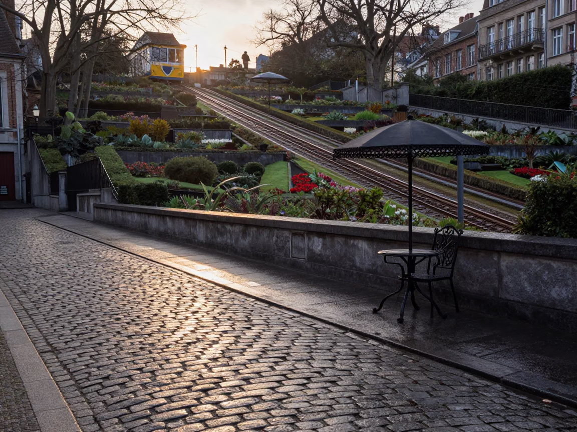 Dawn Light on Brussels Cobblestones Near Funicular Gardens in in Brussels, Belgium