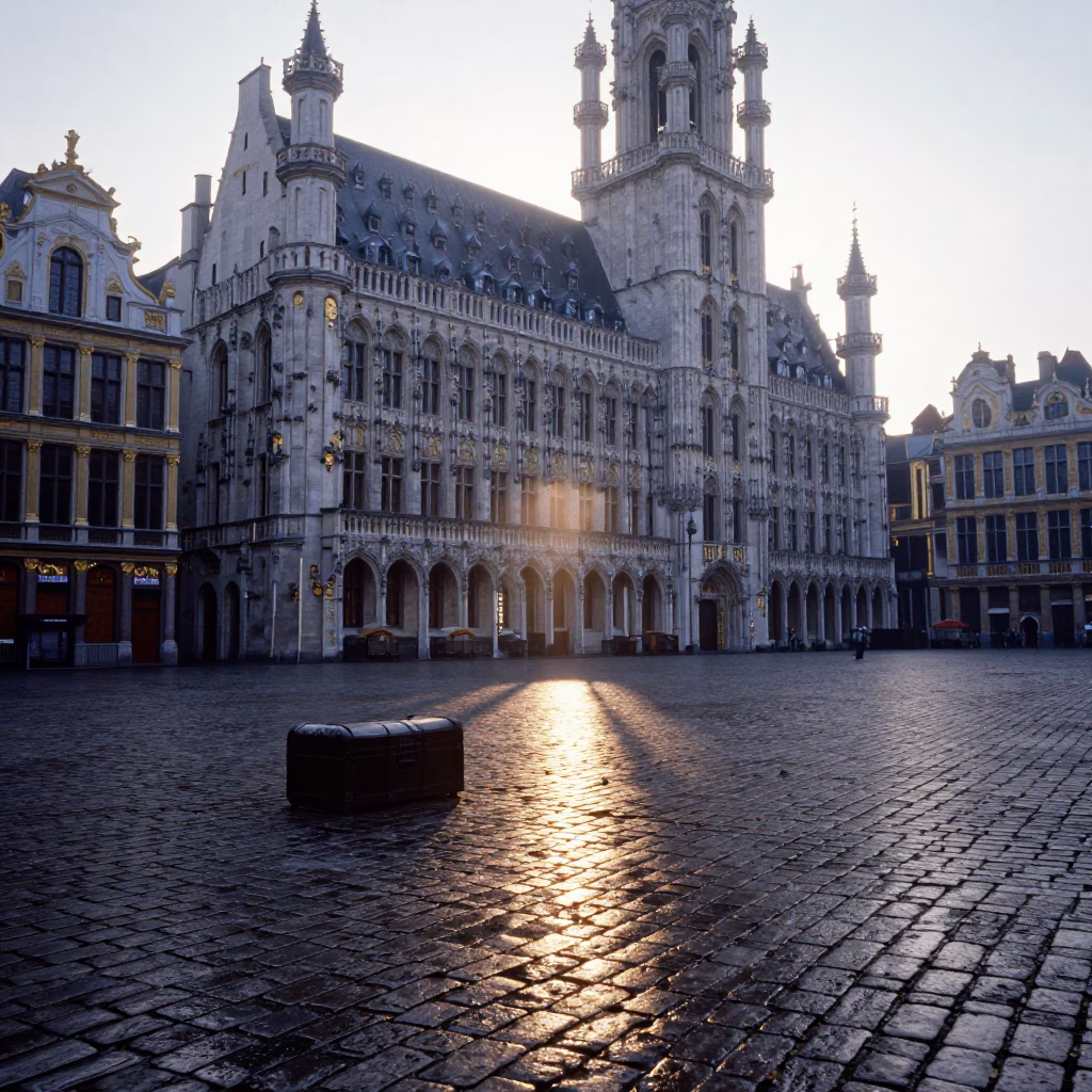 Dawn Light on Brussels Cobblestones Near Grand Place with Tea Stains and Blanket Chest in in Brussels, Belgium