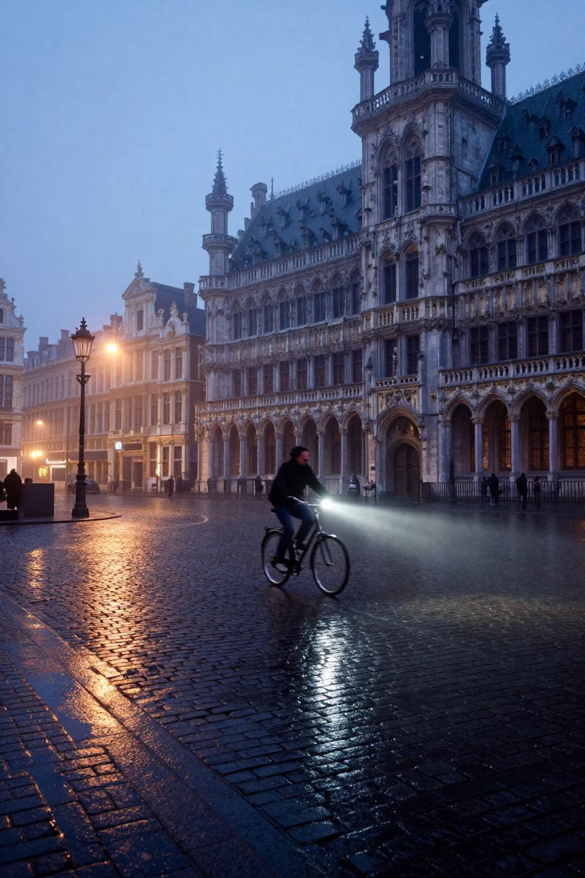 Dawn Light on Brussels Cobblestones Near Grand Place with Vintage Details in in Brussels, Belgium