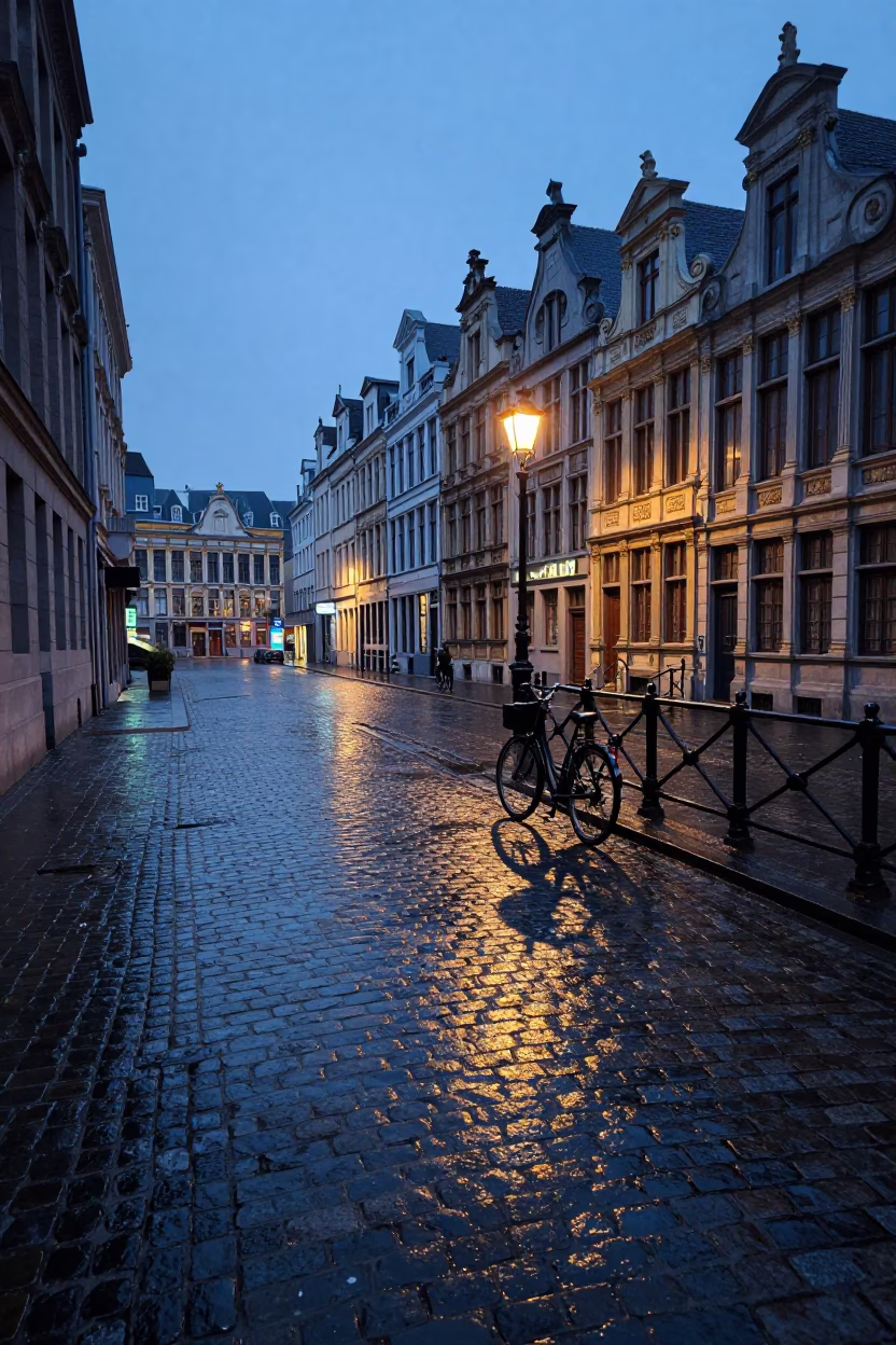 Dawn light on Brussels cobblestones with bicycle and urban architecture in in Brussels, Belgium