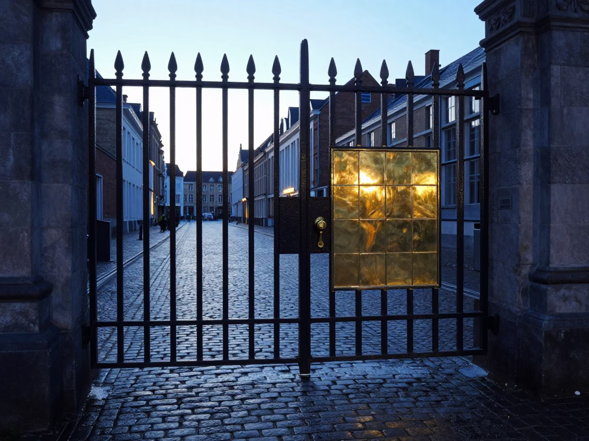 Dawn Light on Brussels Cobblestones with Brass Hardware and Street Details in in Brussels, Belgium