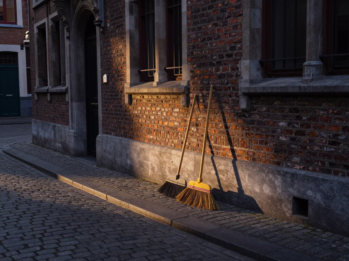 Dawn Light on Brussels Cobblestones with Brooms and Carafe in in Brussels, Belgium