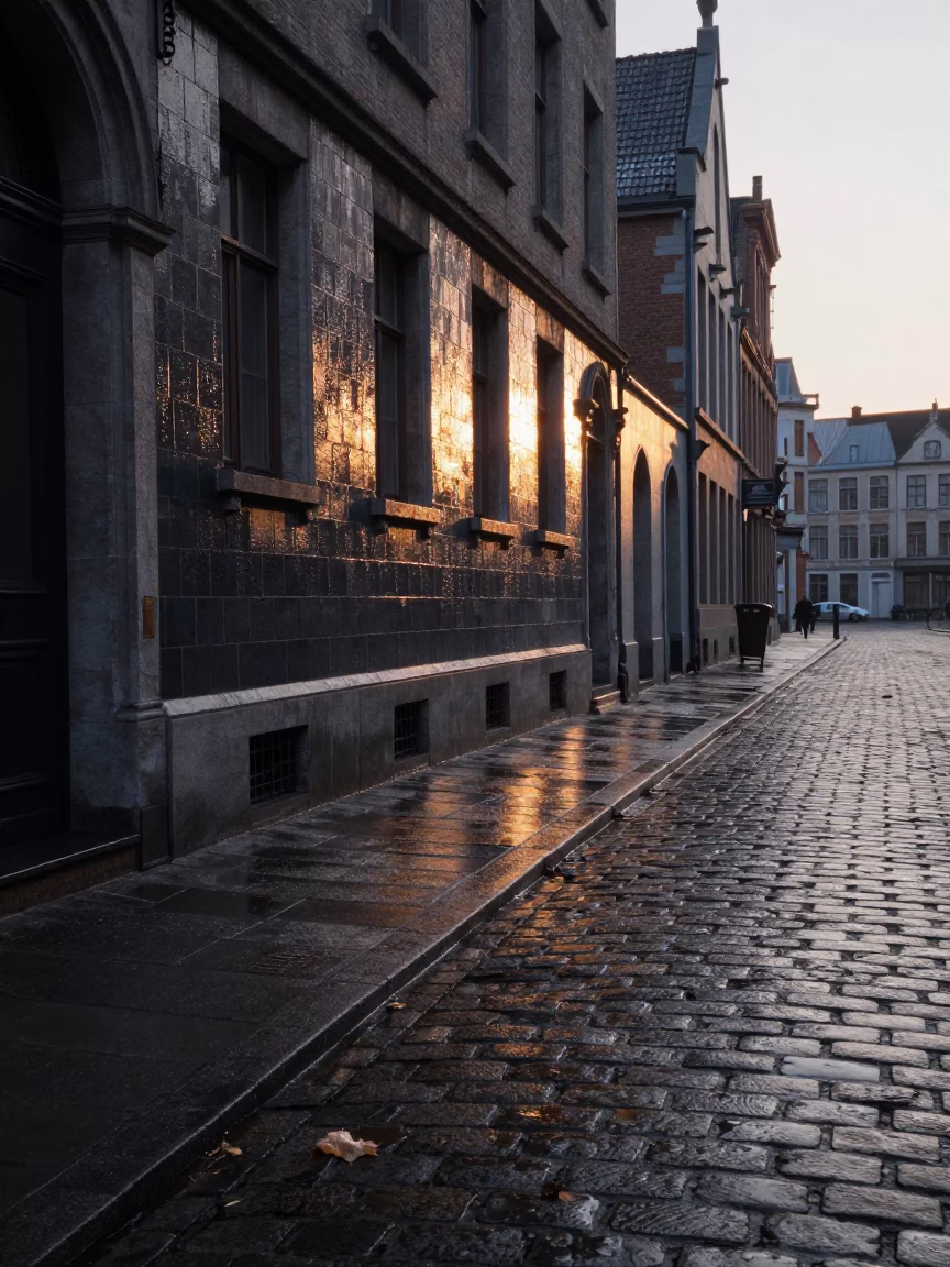 Dawn Light on Brussels Cobblestones with Condensation and Leaf Shadows in in Brussels, Belgium
