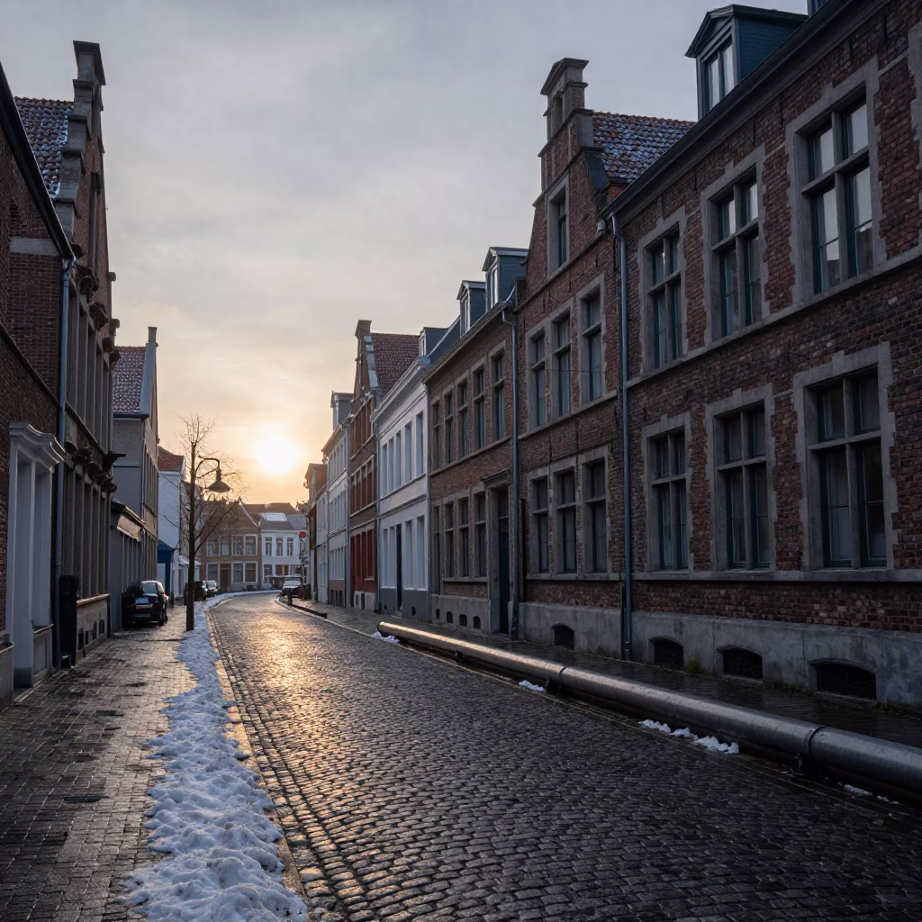 Dawn Light on Brussels Cobblestones with District Heating Pipes and Urban Morning Activity in in Brussels, Belgium