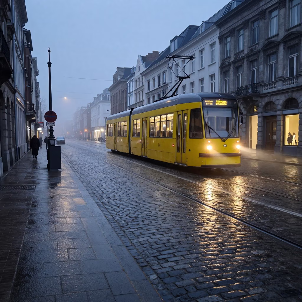 Dawn Light on Brussels Cobblestones with Vintage Tram and Local Morning Routine in in Brussels, Belgium