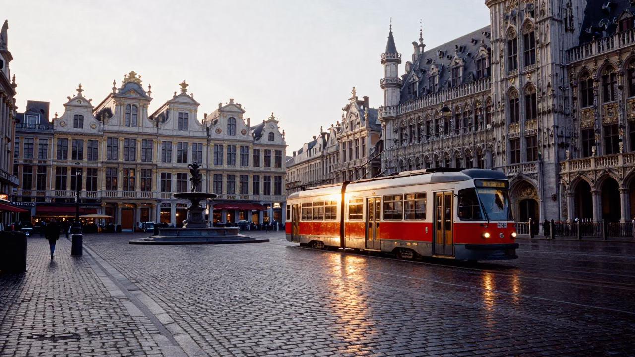 Dawn Light on Brussels Cobblestones with Vintage Tram and Morning Commuters in in Brussels, Belgium