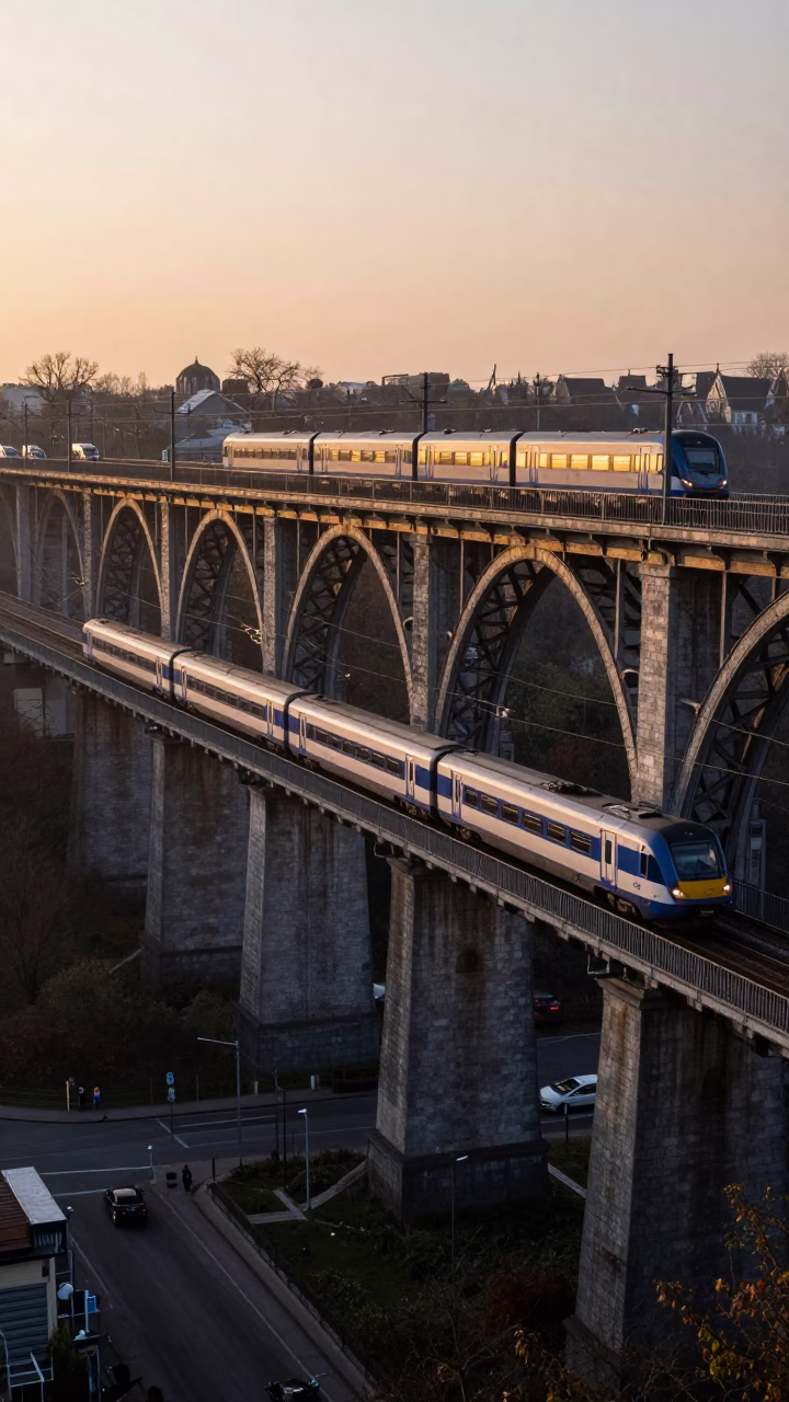 Dawn Light on Brussels Railway Viaduct with Passing Train in Belgium in in Brussels, Belgium