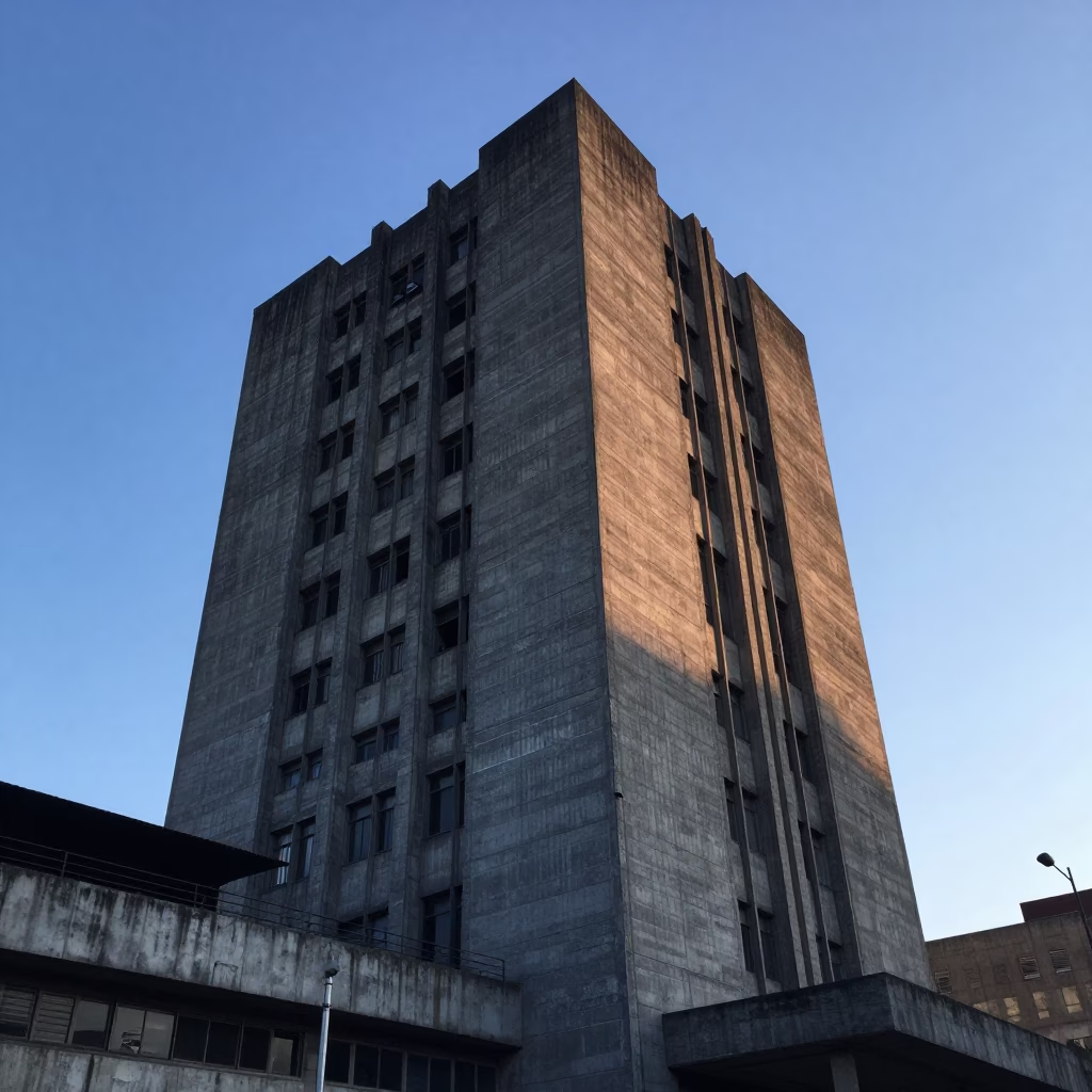 Dawn Light on Brutalist Concrete University Tower in Medellin Colombia Before Sunrise in in Medellin, Colombia
