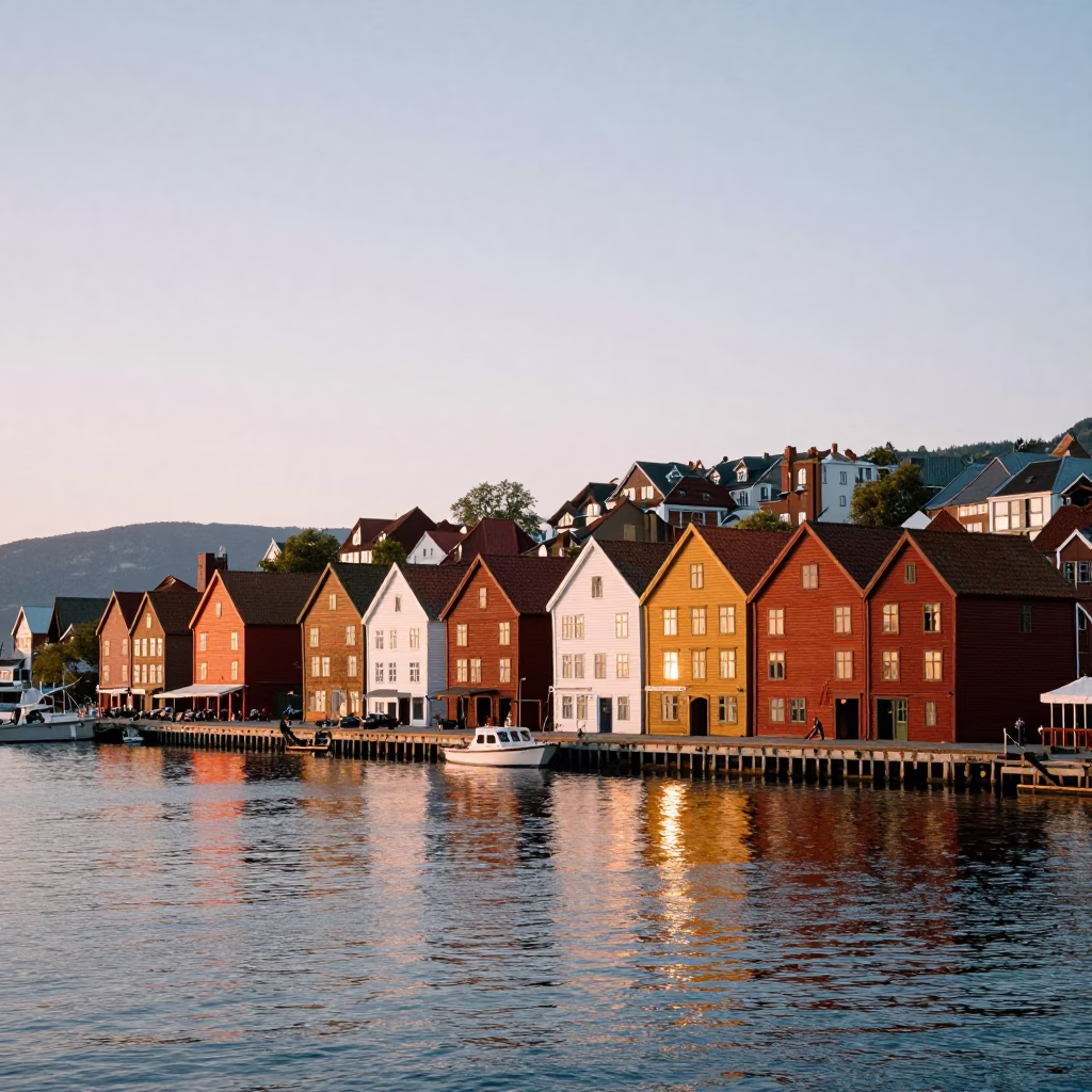 Dawn Light on Bryggen Wharf in Bergen Norway with Colorful Hanseatic Buildings in in Bergen, Norway