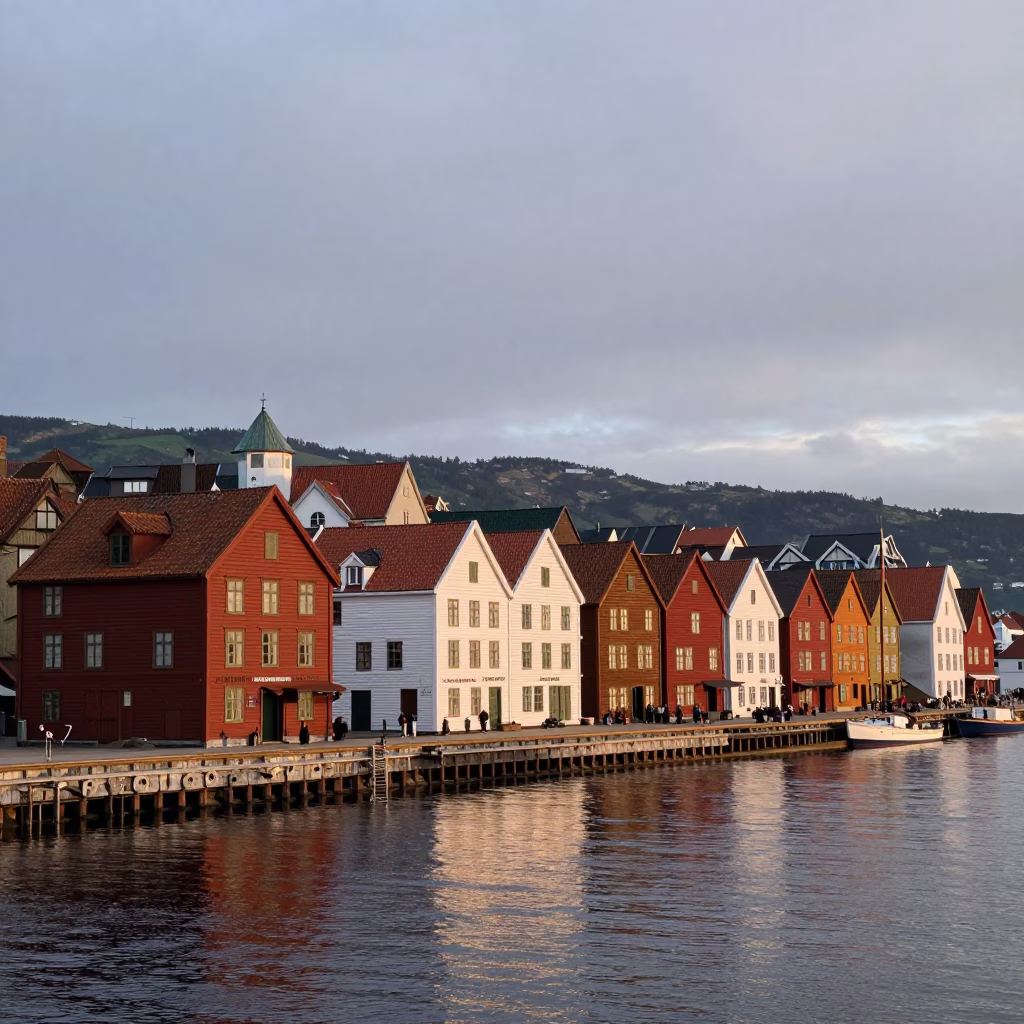 Dawn Light on Bryggen Wharf in Bergen Norway with Colorful Hanseatic Houses in in Bergen, Norway