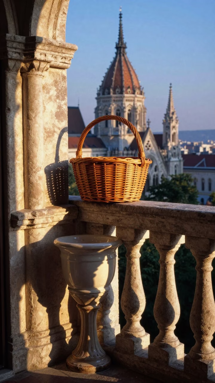 Dawn Light on Budapest Balcony with Wicker Shadow and Miso Bowl in in Budapest, Hungary