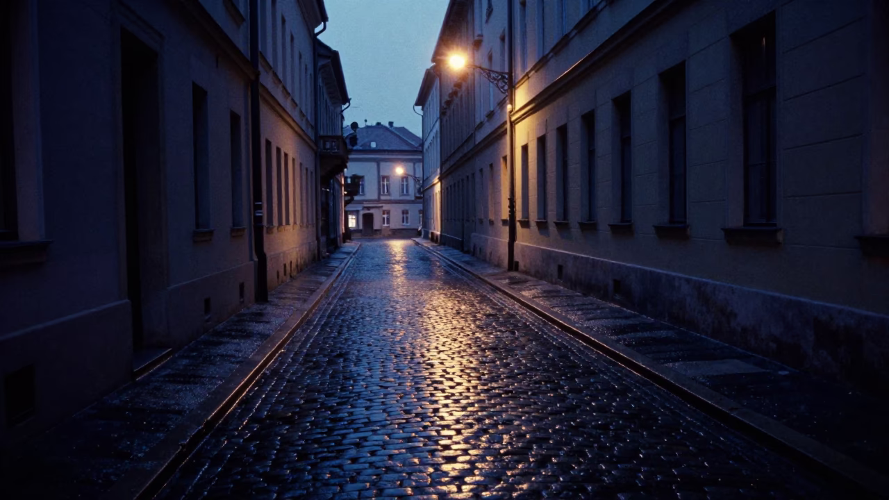 Dawn Light on Budapest Cobblestones with Condensation and Urban Details in in Budapest, Hungary