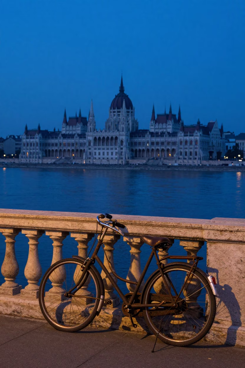 Dawn Light on Budapest Danube Bank with Vintage Bicycle and Padlock in in Budapest, Hungary