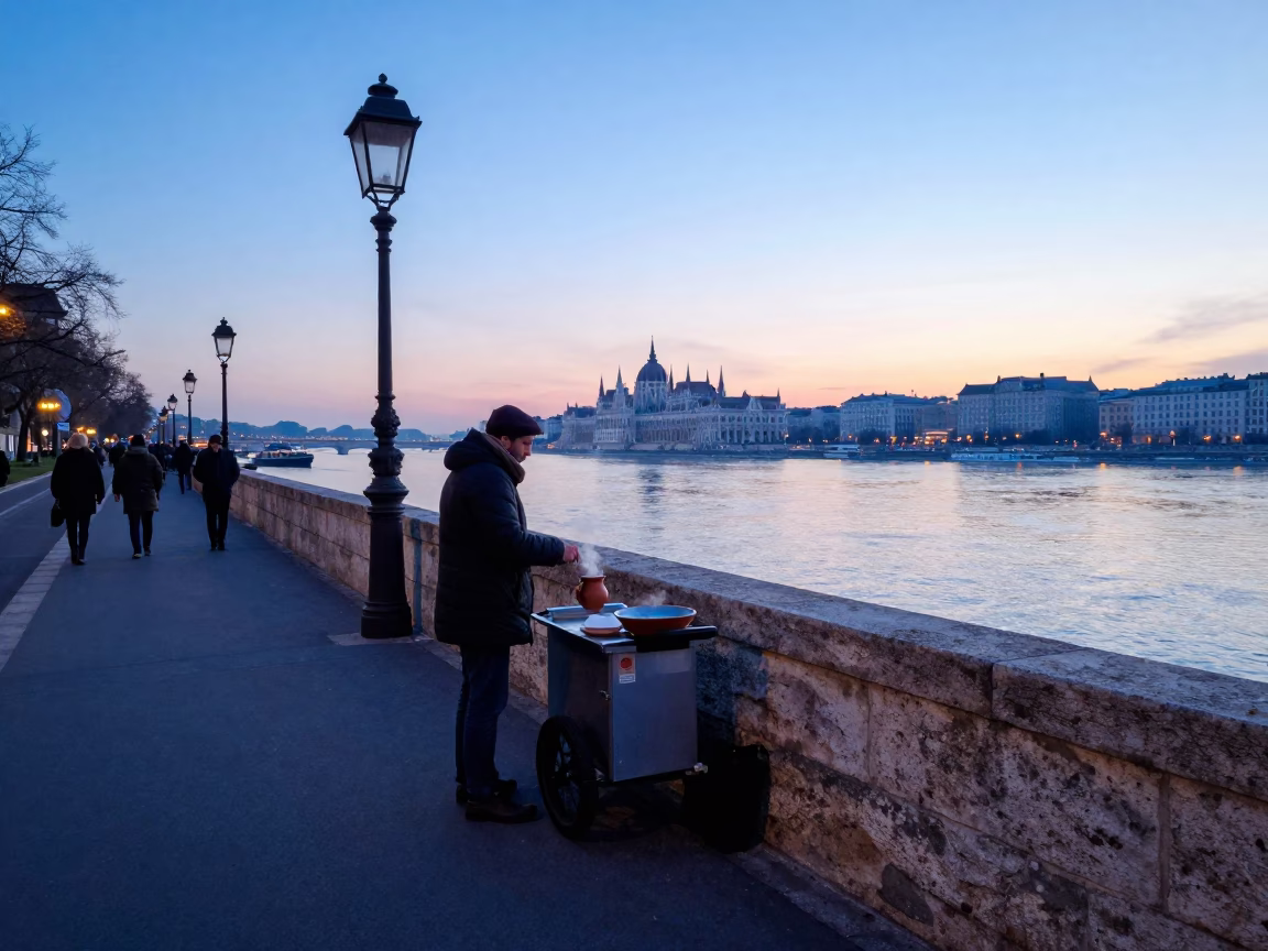 Dawn light on Budapest Danube embankment with Hungarian street vendor and early morning commuters in in Budapest, Hungary