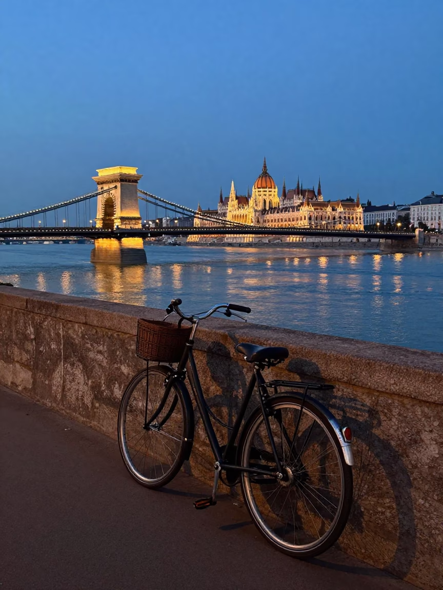 Dawn Light on Budapest Danube Embankment with Vintage Bicycle and Morning Mist in in Budapest, Hungary