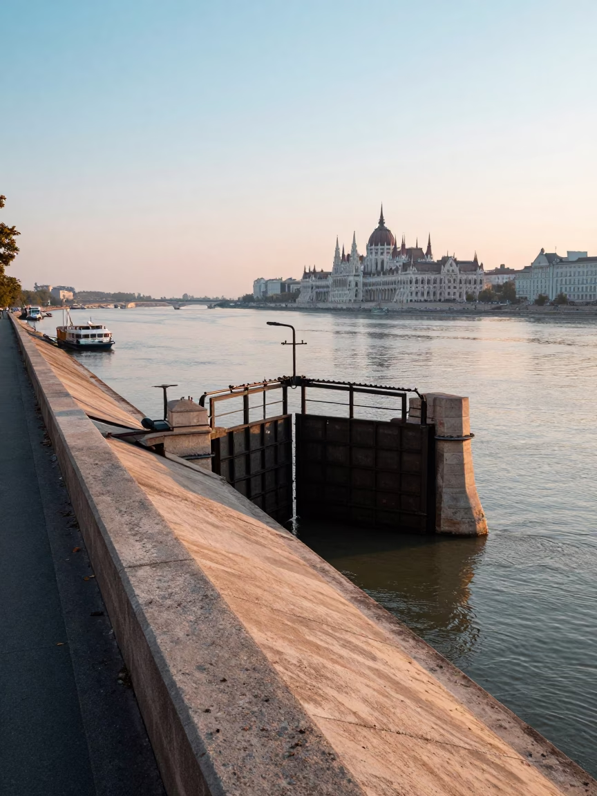 Dawn Light on Budapest Danube Levee with Floodgates and Plywood Stacks in in Budapest, Hungary
