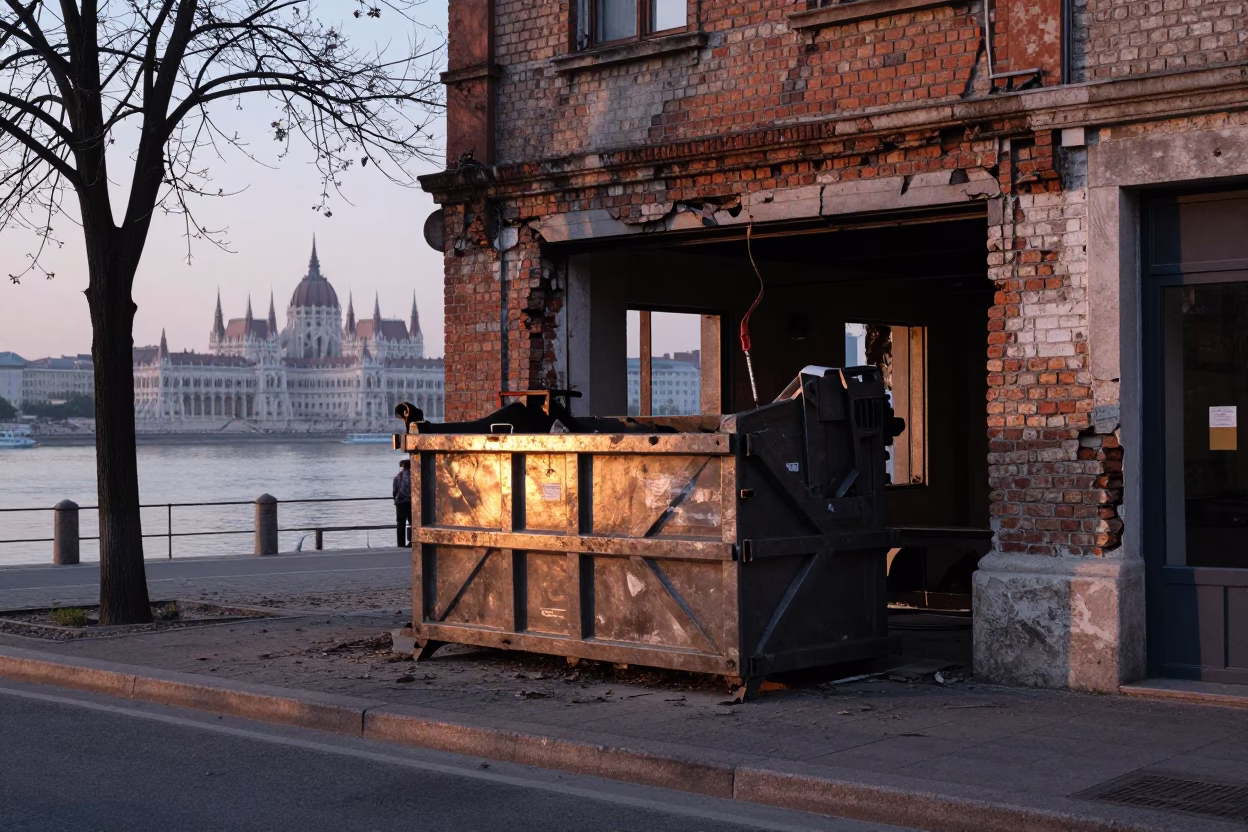 Dawn Light on Budapest Danube Promenade with Demolition Dumpster and Ceramic Pitcher in in Budapest, Hungary