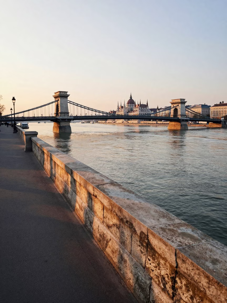 Dawn Light on Budapest Danube Promenade with Heritage Tram and Padlock in in Budapest, Hungary