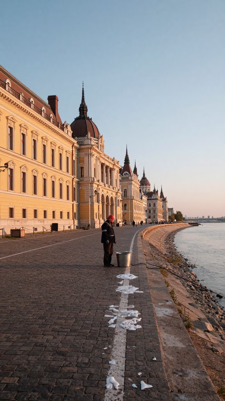 Dawn light on Budapest Danube promenade with mineral stained bucket and tram in in Budapest, Hungary