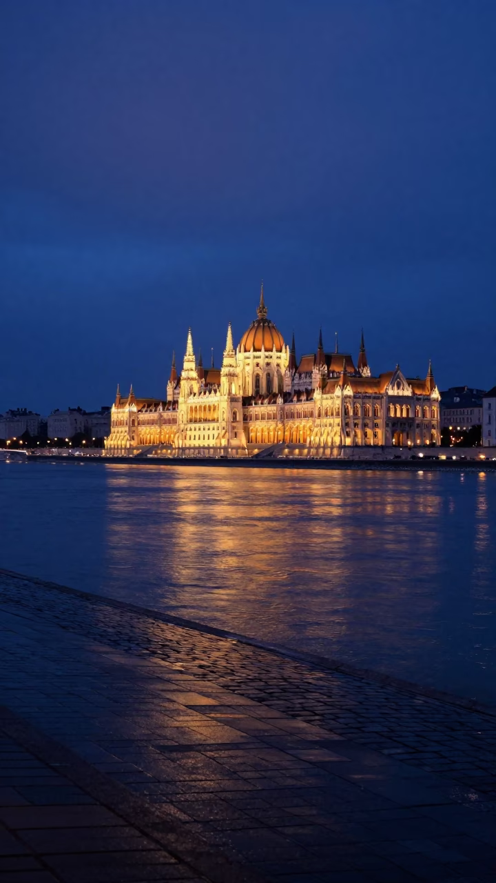 Dawn light on Budapest riverbank with wet pavement and distant city skyline in in Budapest, Hungary
