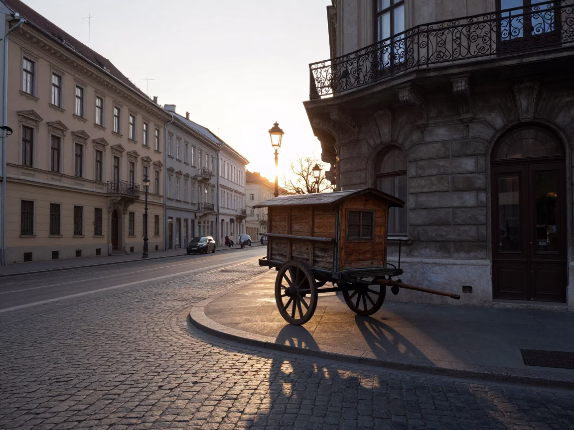 Dawn Light on Budapest Street Corner with Rolling Cart and Oranges in in Budapest, Hungary