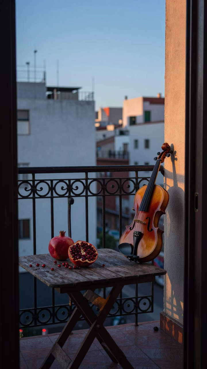 Dawn Light on Buenos Aires Balcony with Pomegranate and Violin Strings in in Buenos Aires, Argentina