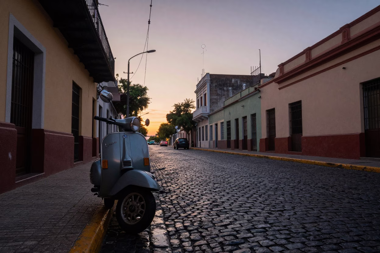 Dawn Light on Buenos Aires Cobblestone Street with Vintage Vespa and Puddle Reflection in in Buenos Aires, Argentina