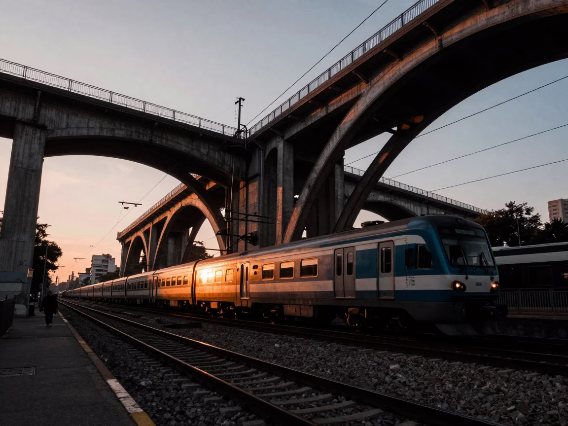 Dawn Light on Buenos Aires Railway Viaduct Arches with Passing Train in in Buenos Aires, Argentina