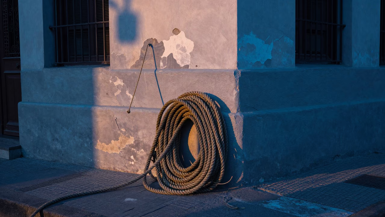 Dawn light on Buenos Aires street with coiled rope and scrub brush in in Buenos Aires, Argentina