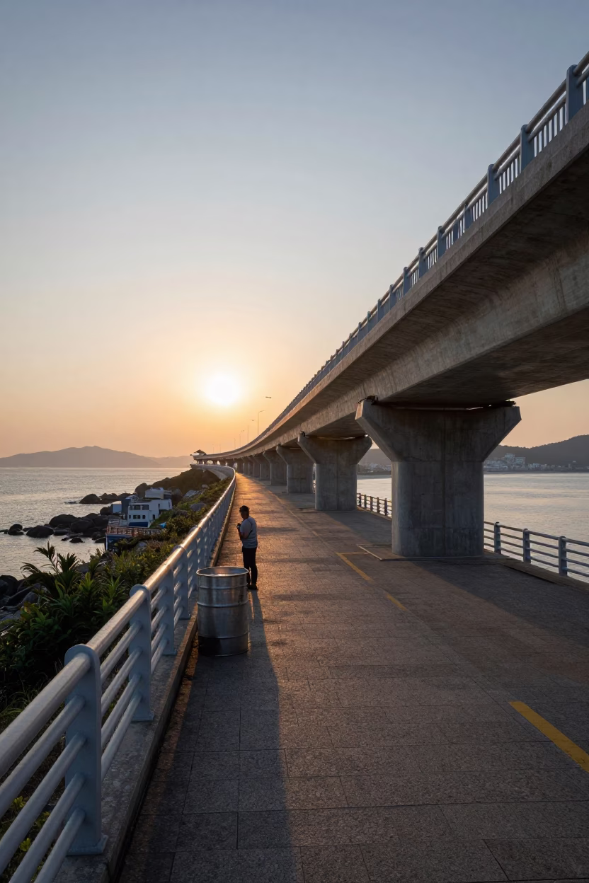 Dawn Light on Busan Coastal Viaduct with Metal Bucket and Reeds in in Busan, South Korea