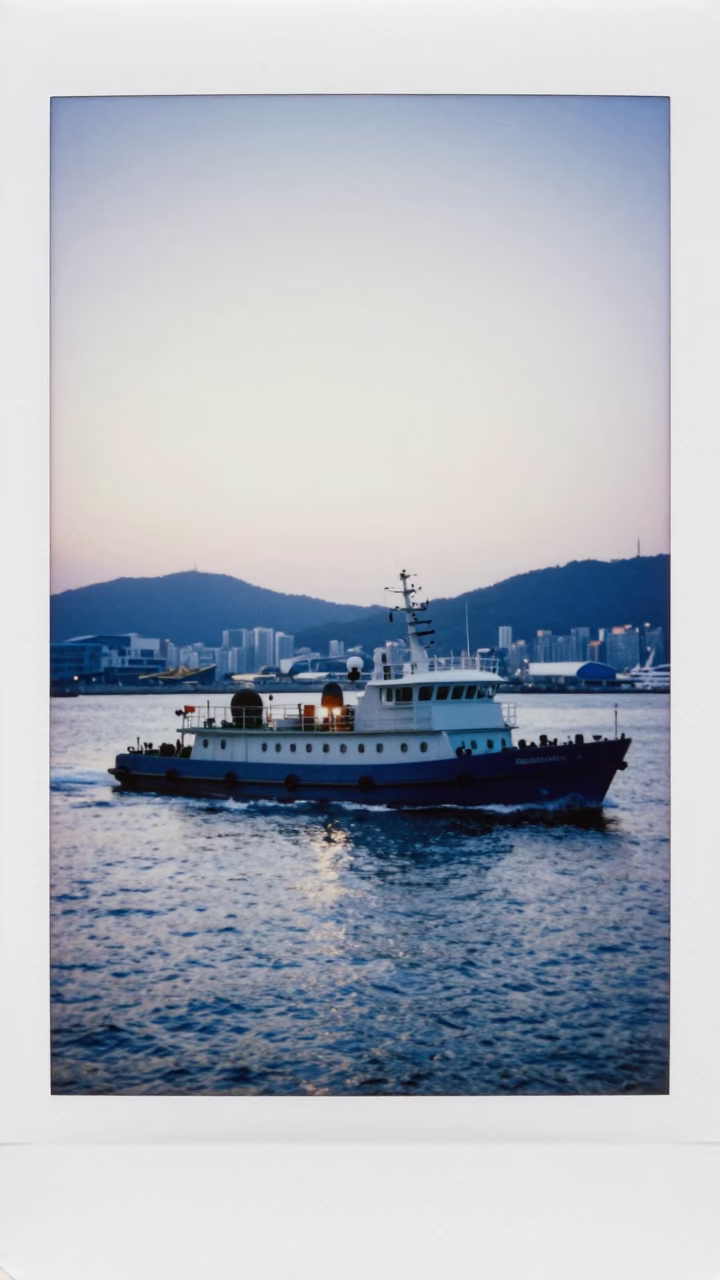 Dawn light on Busan harbor with pilot boat slicing through choppy waters in in Busan, South Korea