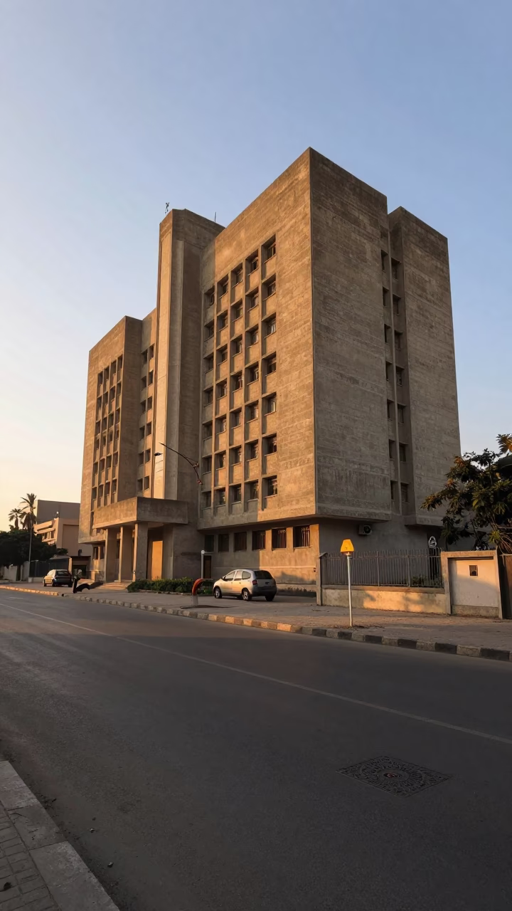 Dawn light on Cairo street with concrete brutalist university building and padlock in in Cairo, Egypt