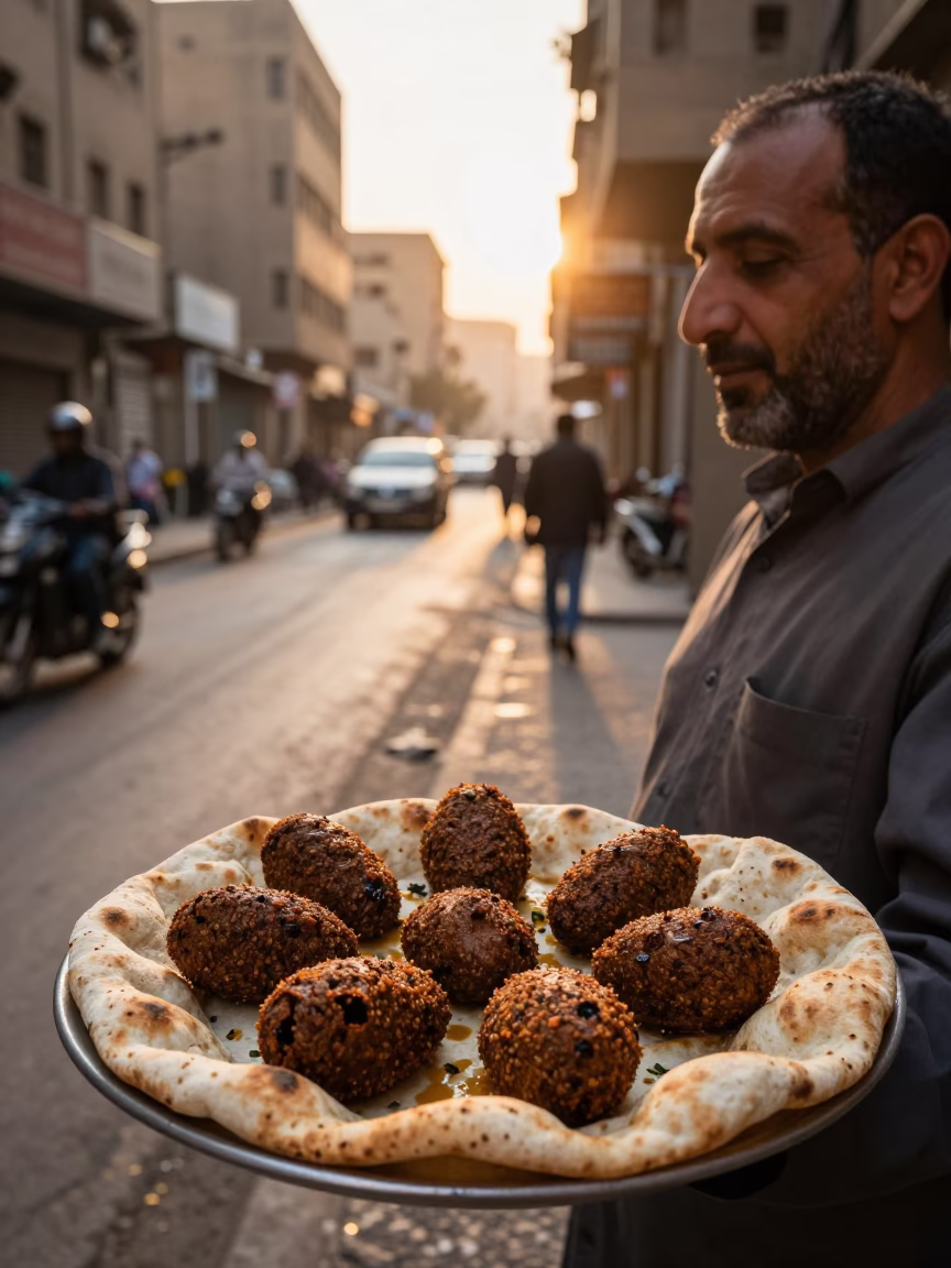 Dawn Light on Cairo Street with Falafel Pita and Ceramic Cup in in Cairo, Egypt