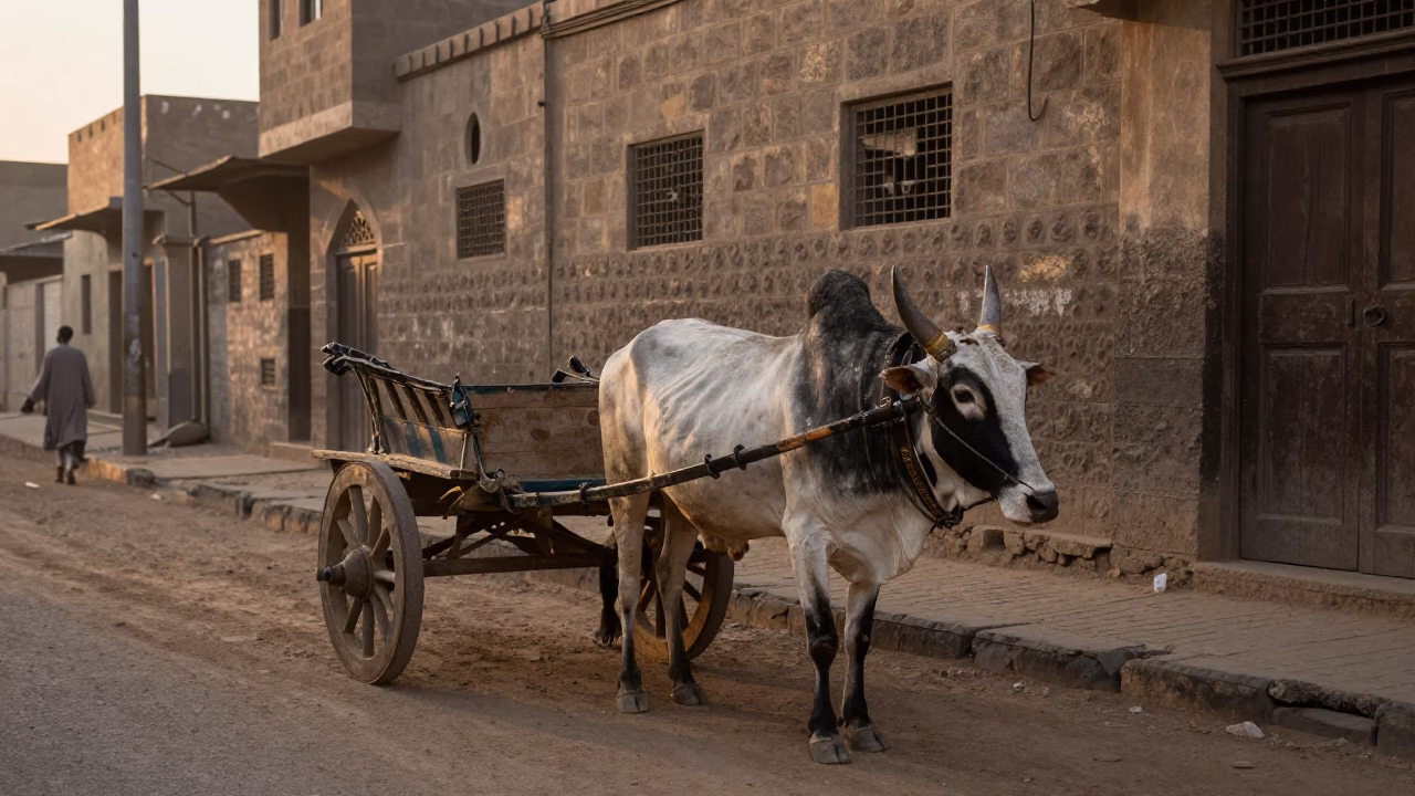 Dawn light on Cairo street with ox cart and boot scraper in in Cairo, Egypt