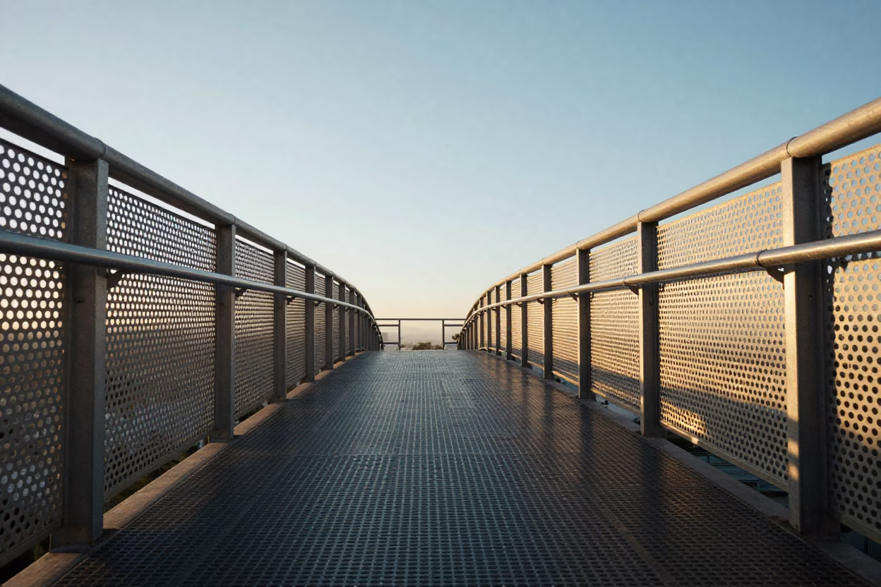 Dawn Light on Cape Town Pedestrian Overpass Perforated Metal and Wet Footsteps in in Cape Town, South Africa
