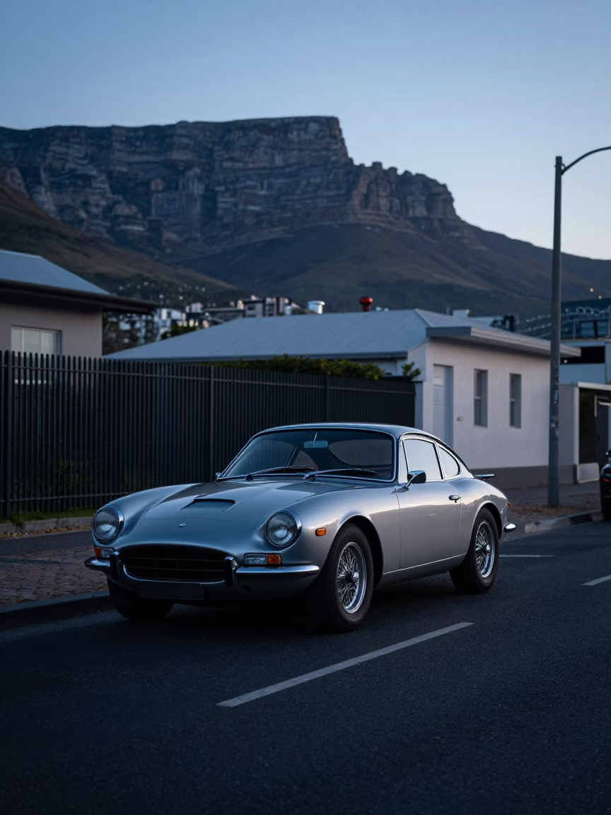Dawn Light on Cape Town Street with Vintage Sports Car and Latch Details in in Cape Town, South Africa