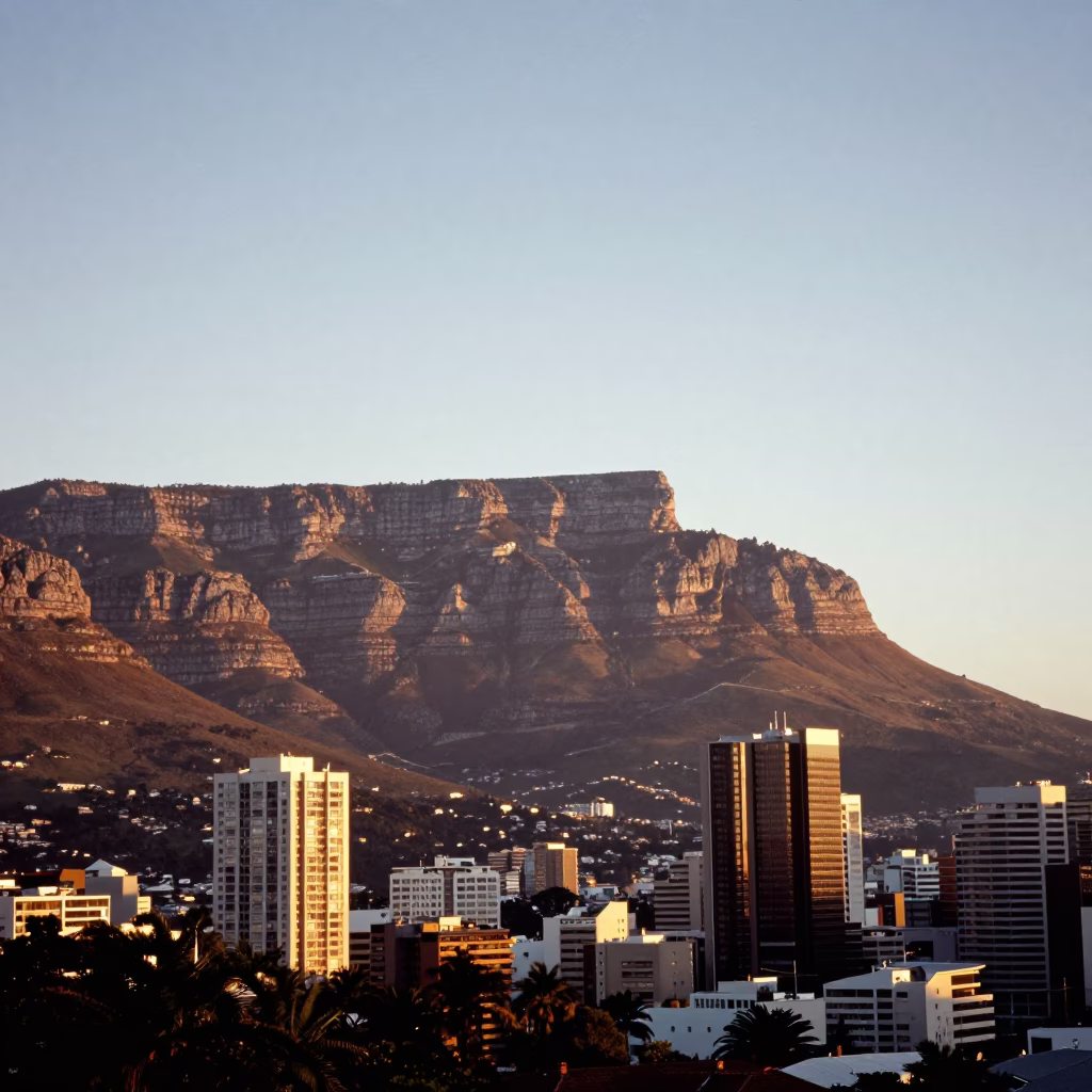 Dawn Light on Cape Town Table Mountain and City Skyline in in Cape Town, South Africa