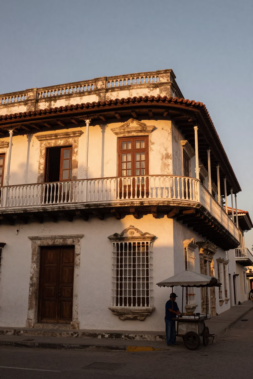 Dawn Light on Cartagena Colonial Balcony with Traditional Spanish Churros and Hot Chocolate in in Cartagena, Colombia